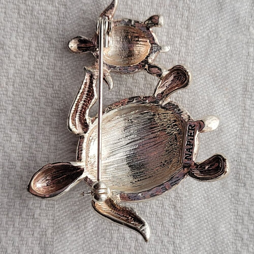 Turtle Brooch Pin With Abalone Shell & Rhinestone… - image 6